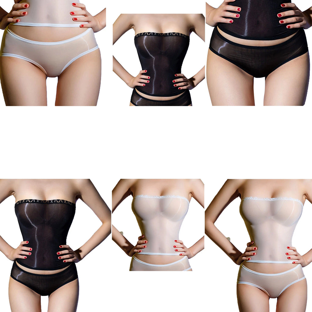 Womens See Through Lingerie Set Sexy Strapless Top  with Thongs Glossy Underwear