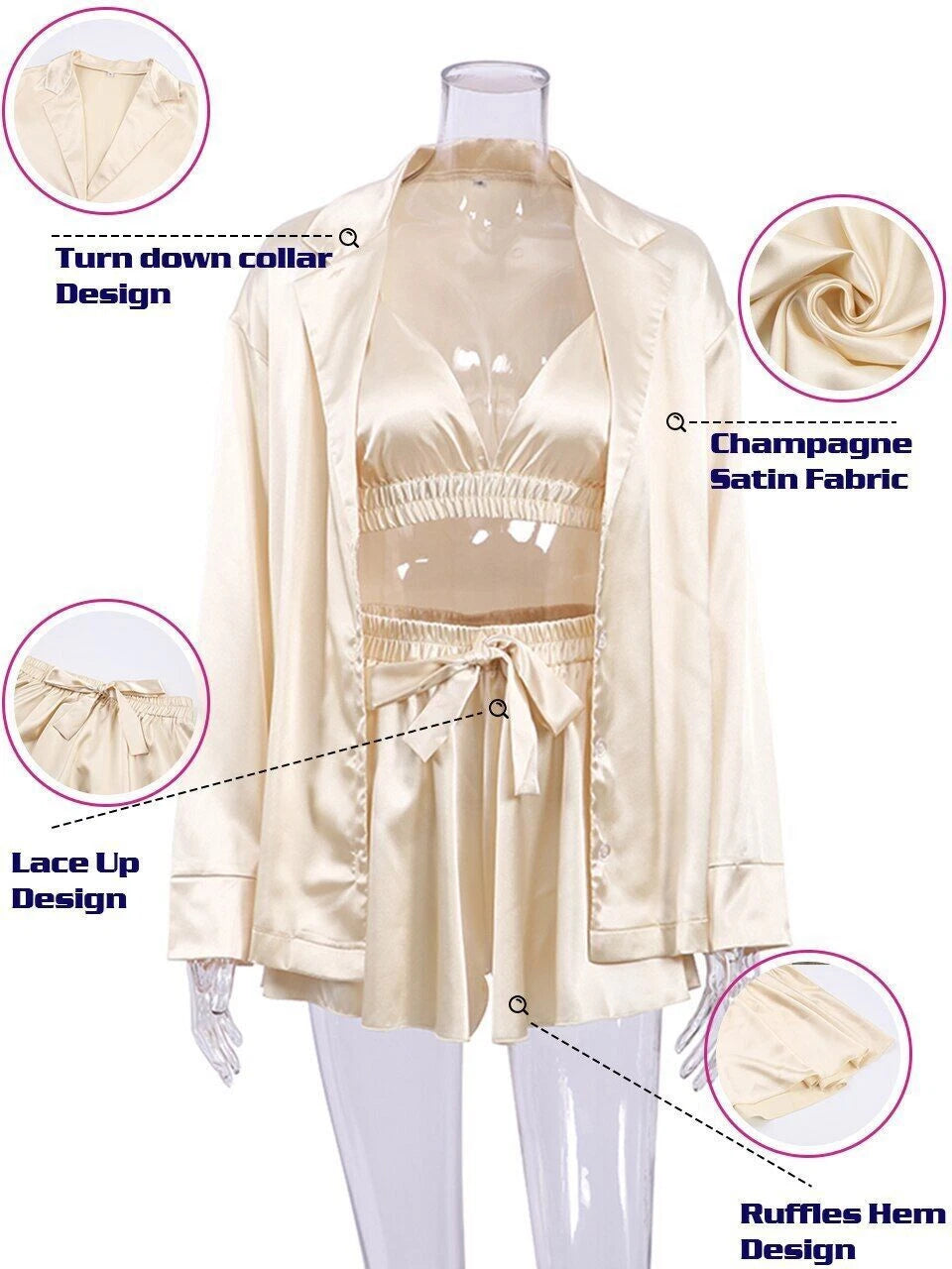 2023 Bathrobe set, women's 3-piece set, pleated robe, women's pajama set