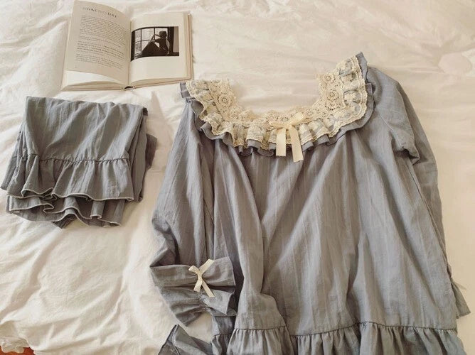 Lolita Flower Embroidery Lace Square Neck Pajama Set  Cotton Grey Pyjamas Set