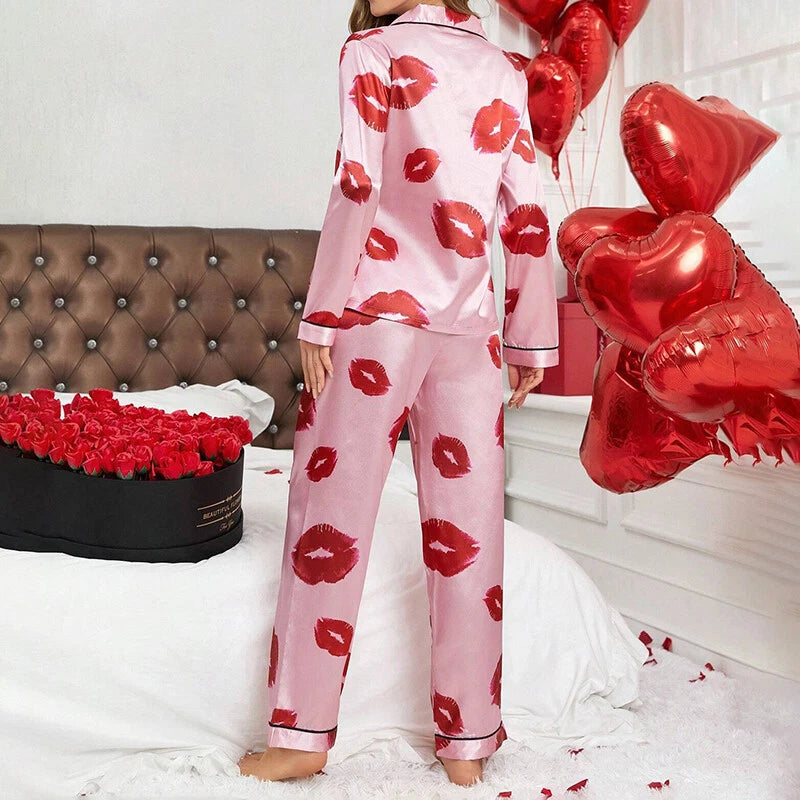 Women Silk Satin Pajamas Set Long Sleeve Button-Down Sleepwear Loungewear Charm