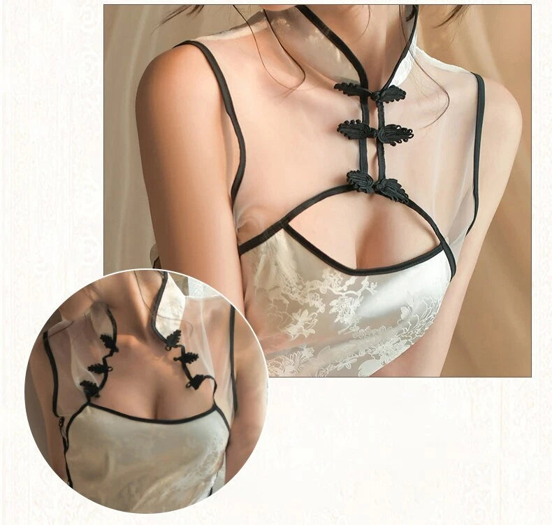 Straps Cheongsam Uniform Pajamas Cosplay Mesh Dress Women Sleepwear Set