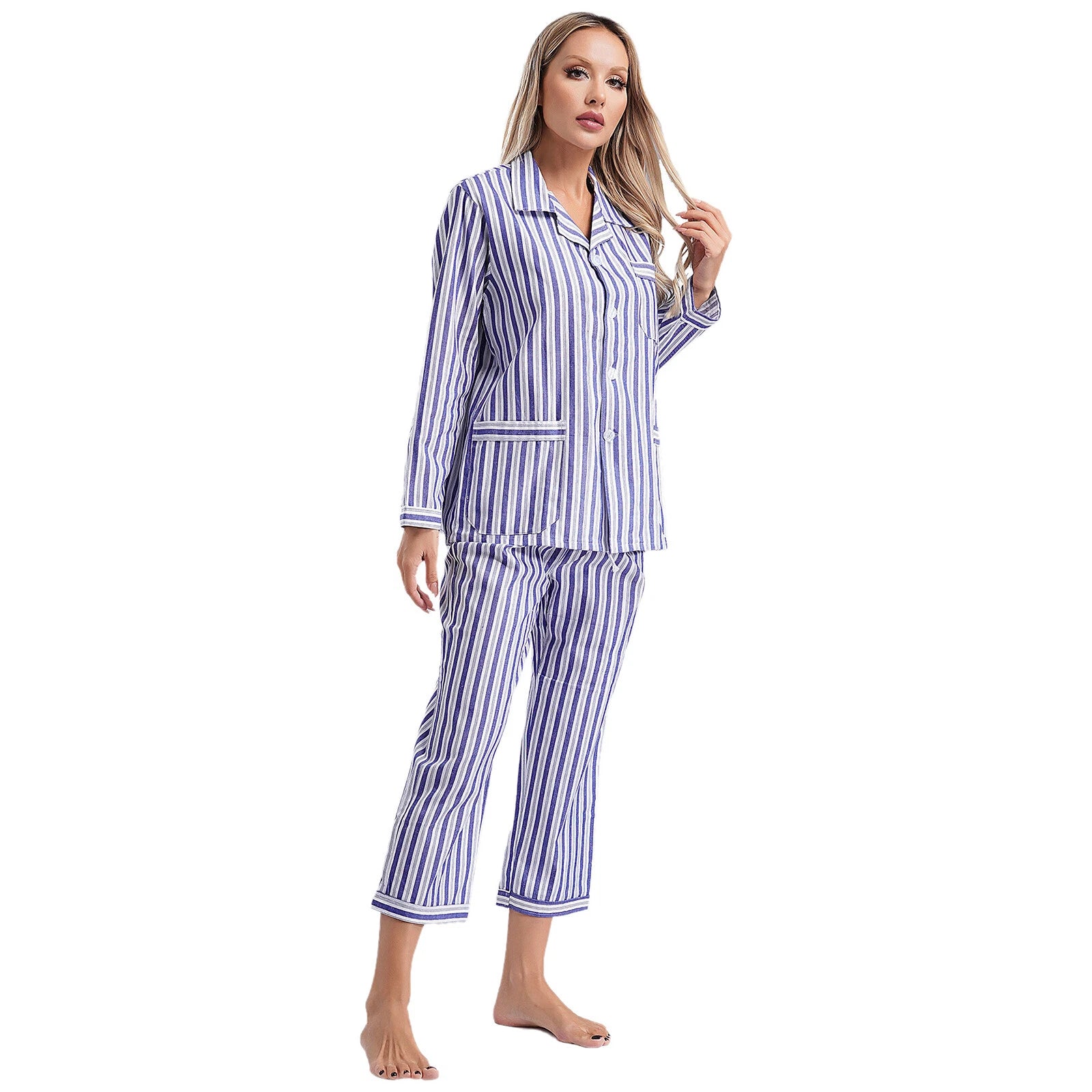 Womens Sleepwear Casual Loungewear Multiple Pockets Pajama Set Button Down Soft