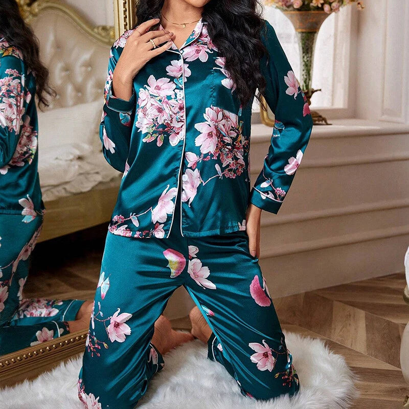 Women Silk Satin Pajamas Set Long Sleeve Button-Down Sleepwear Loungewear Charm