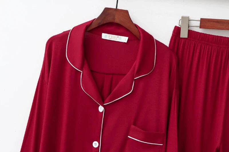 2PCS Pajama Sets Women Long Sleeve Solid Loose Breathable Soft Lady Suit Womens