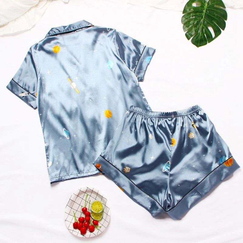 Women's Silk Satin Pajamas Set Short Sleeve Print Sleepwear Nightwear Pyjamas PJ