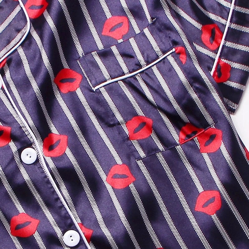 Women's Silk Satin Pajamas Set Short Sleeve Print Sleepwear Nightwear Pyjamas PJ