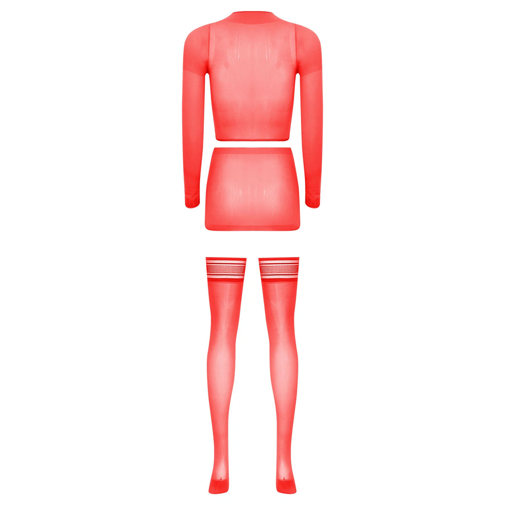 Womens Crop Top And Skirt With Stockings Round Neck Nightwear Tempting Glossy