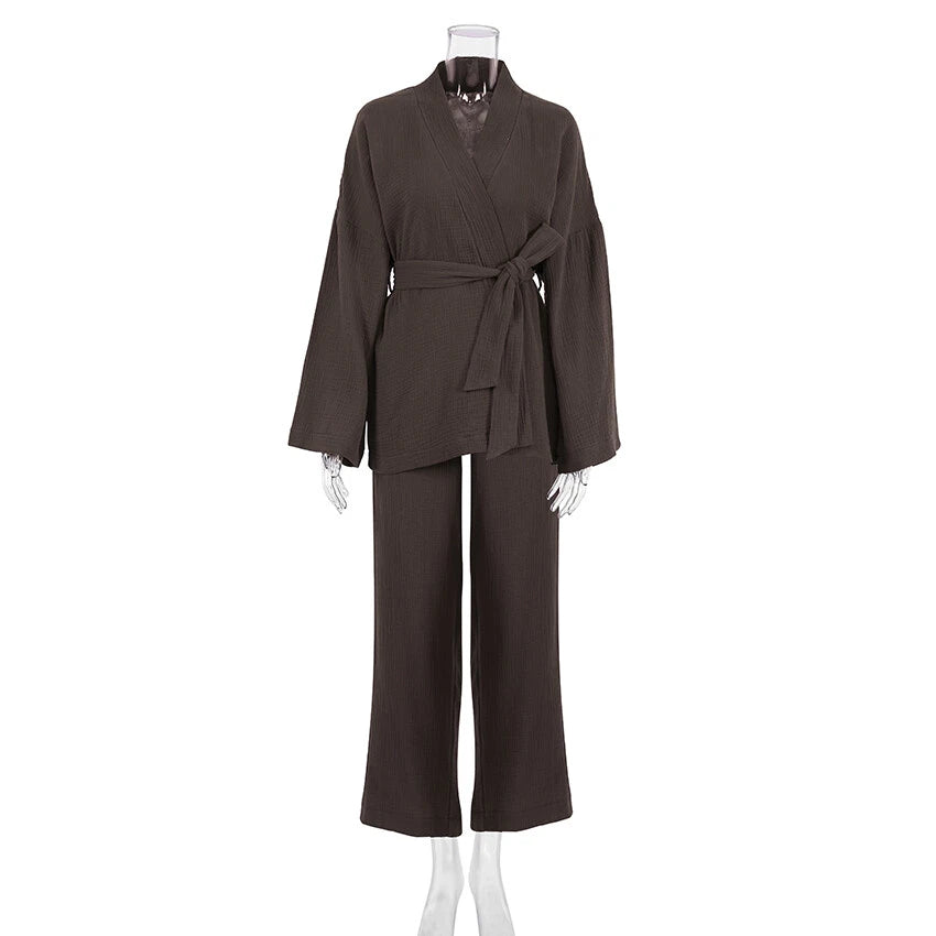 100% cotton women's nightgown pajamas set flared pajamas trousers set 2pcs