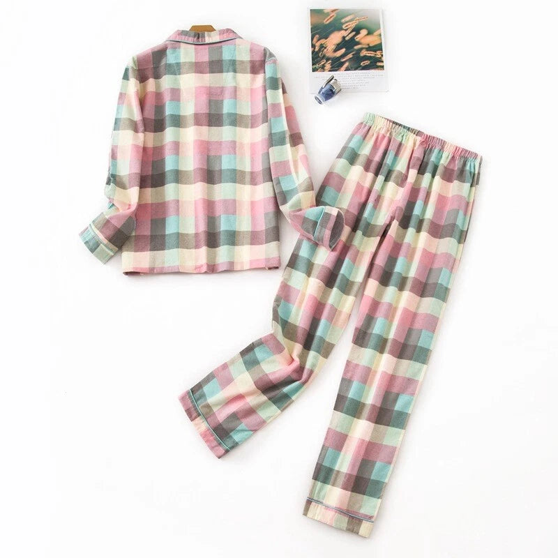 Ladies/Womens 100% Brushed Cotton Pyjamas Set Check Print Button Up Loungewear