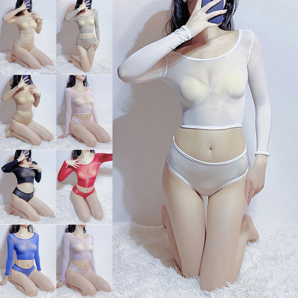 Womens Crop Top With Briefs Mid Waist Nightwear Long Sleeve Tops And Panties
