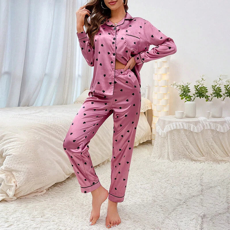 Women Silk Satin Pajamas Set Long Sleeve Button-Down Sleepwear Loungewear Charm