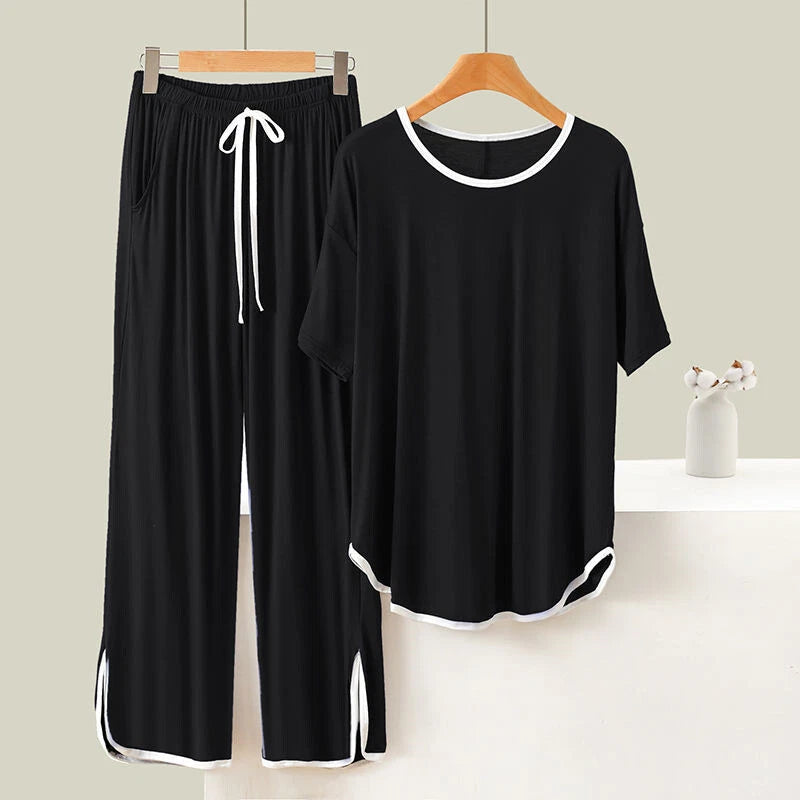 Large Size 3XL 150KG Summer Women Pajamas Set Short Sleeve Tops+ Pants Sleepwear