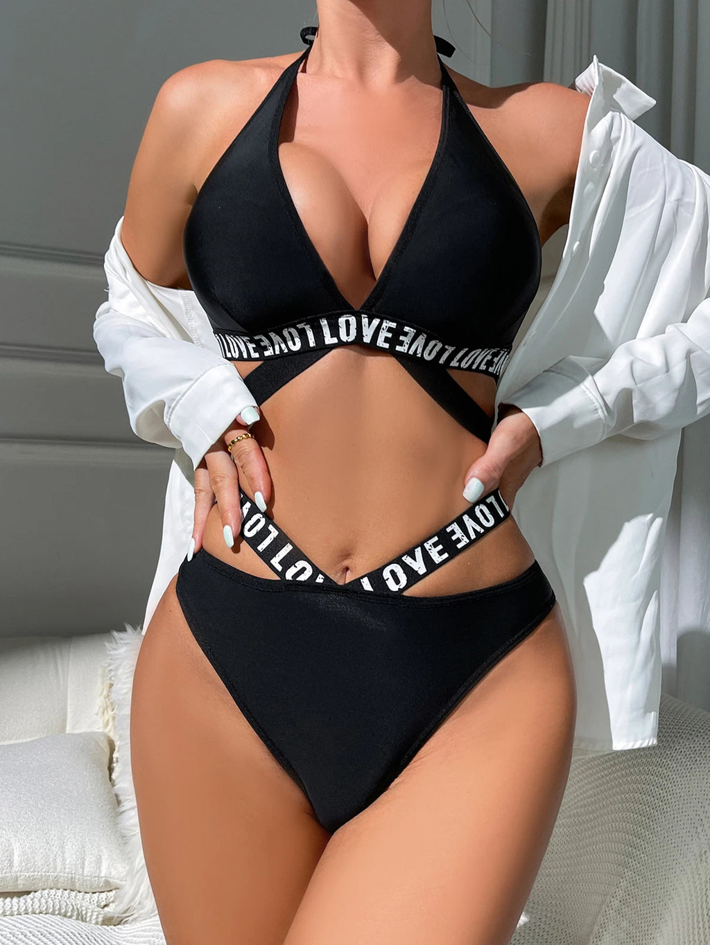 Women Sexy Lingerie Letter Print Belted Bra and Panty 2 Piece Pajamas Set Outfit
