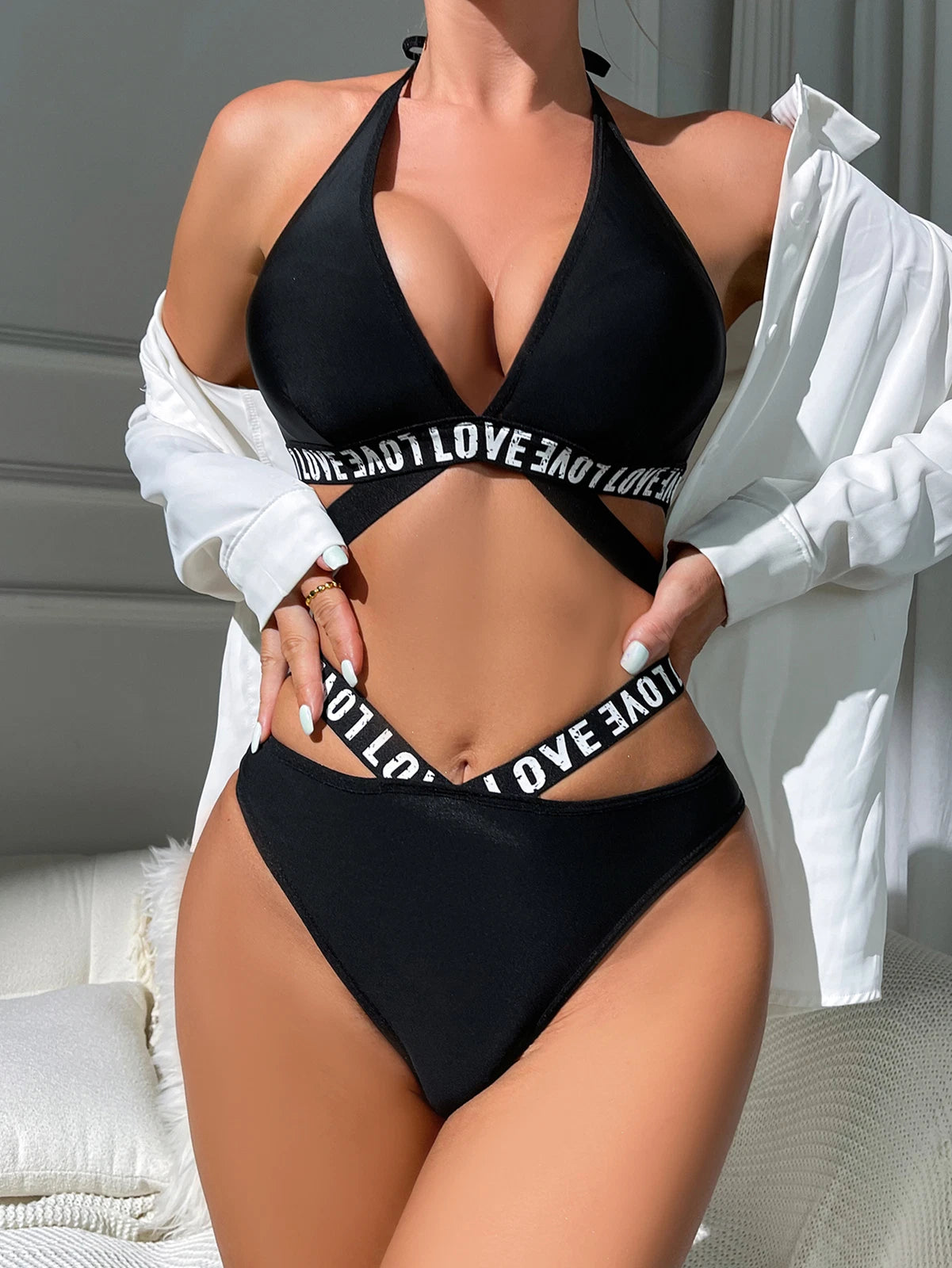 Women Sexy Lingerie Letter Print Belted Bra and Panty 2 Piece Pajamas Set Outfit