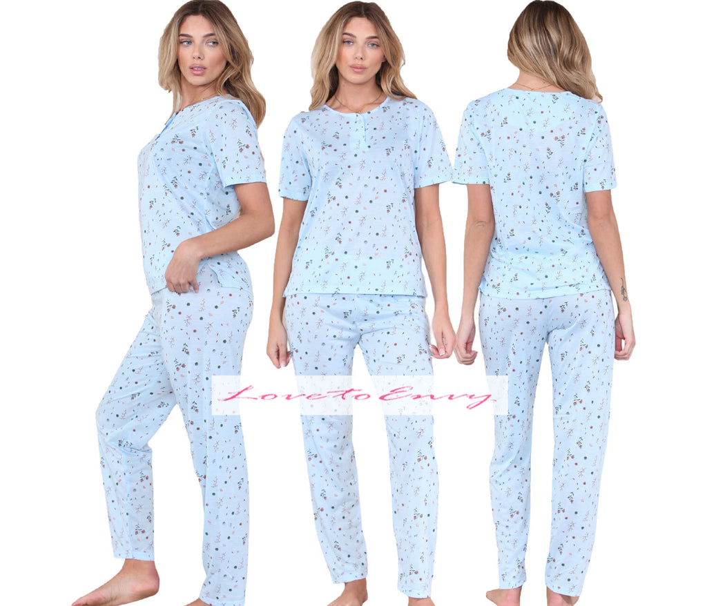 PJ Set Ladies Short Sleeve Flower Print Pyjama Set Cotton Blend Womens Nightwear