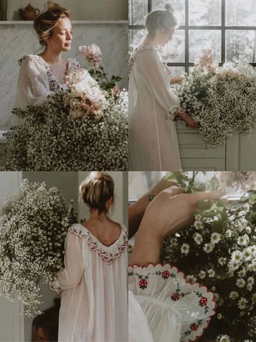 Vintage Women Sleepwear LadiesStrawberry Embroidery Lace  Semitransparent Dress