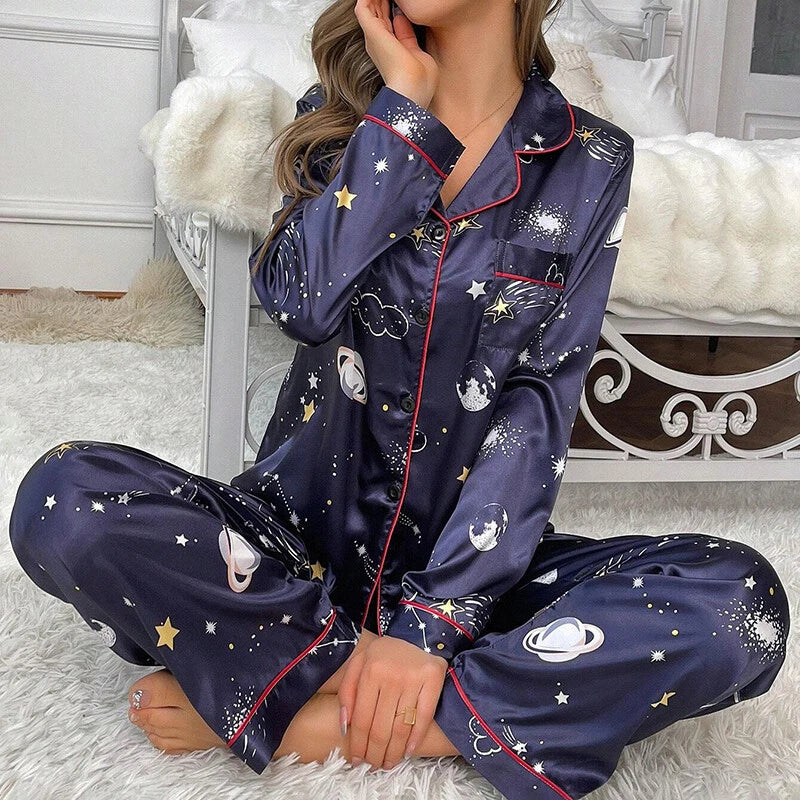 Women Silk Satin Pajamas Set Long Sleeve Button-Down Sleepwear Loungewear Charm