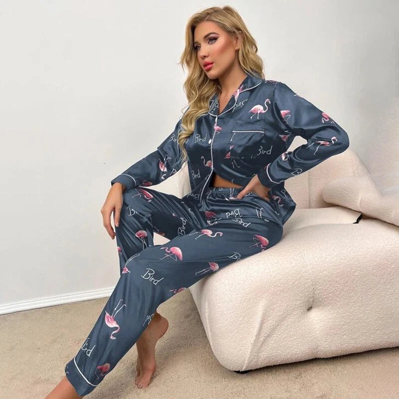 Women Silk Satin Pajamas Set Long Sleeve Button-Down Sleepwear Loungewear Charm