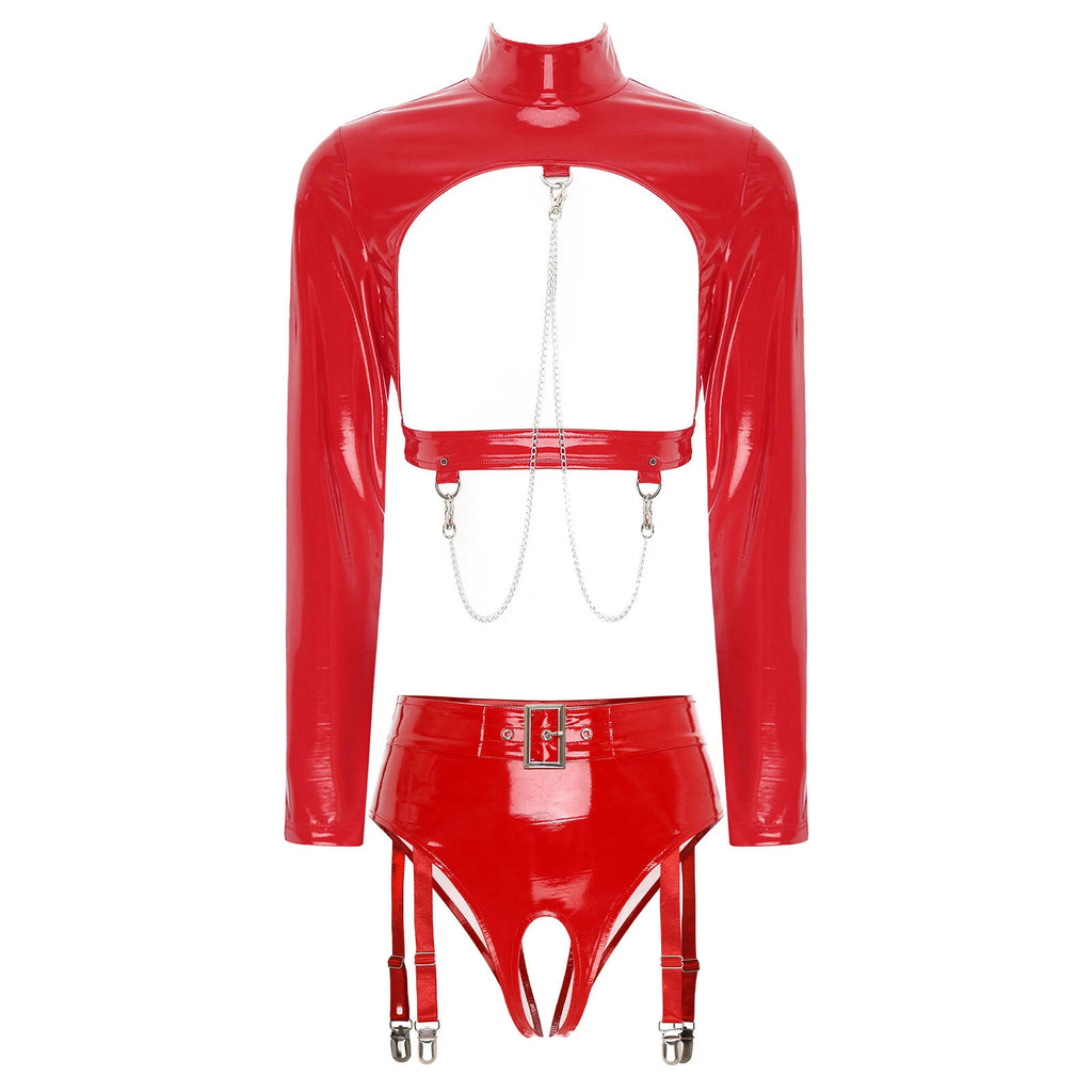 Womens Underwear Wet Look Lingerie Mock Neck Bar Sexy Sleepwear Babydoll 2pcs