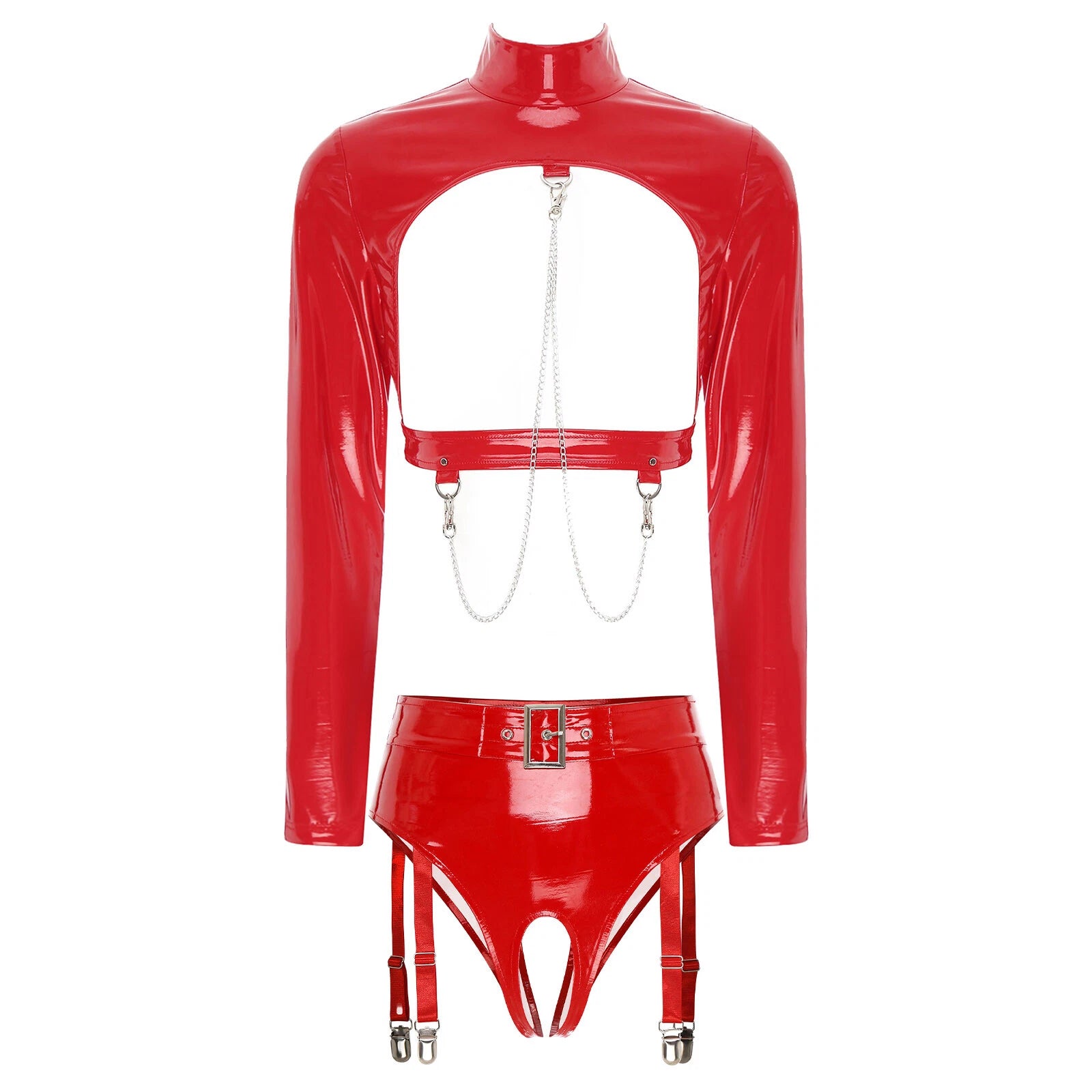 Womens Underwear Wet Look Lingerie Mock Neck Bar Sexy Sleepwear Babydoll 2pcs