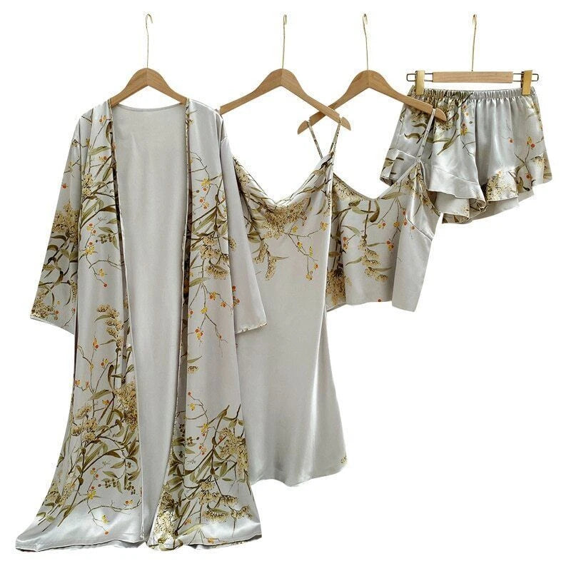 2023 Printed bathrobe pajamas, summer 4-piece set, women's sexy kimono