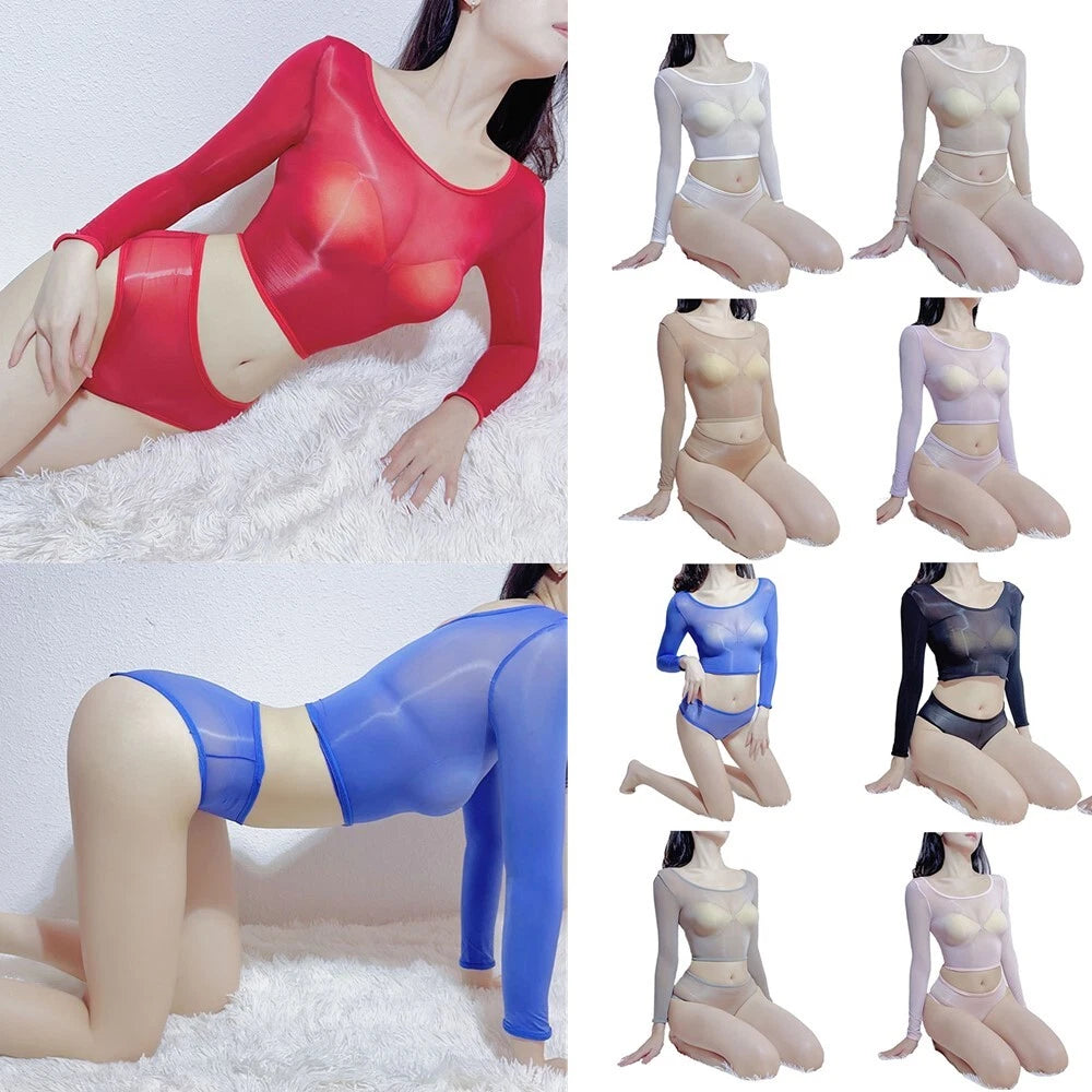 Womens Crop Top With Briefs Mid Waist Nightwear Long Sleeve Tops And Panties