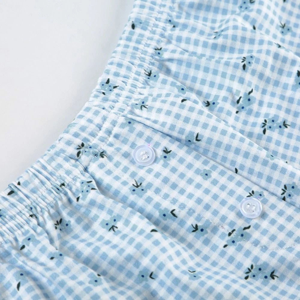 Floral Two Piece Sleepwear Plaid Summer Nightdress Women Summer-