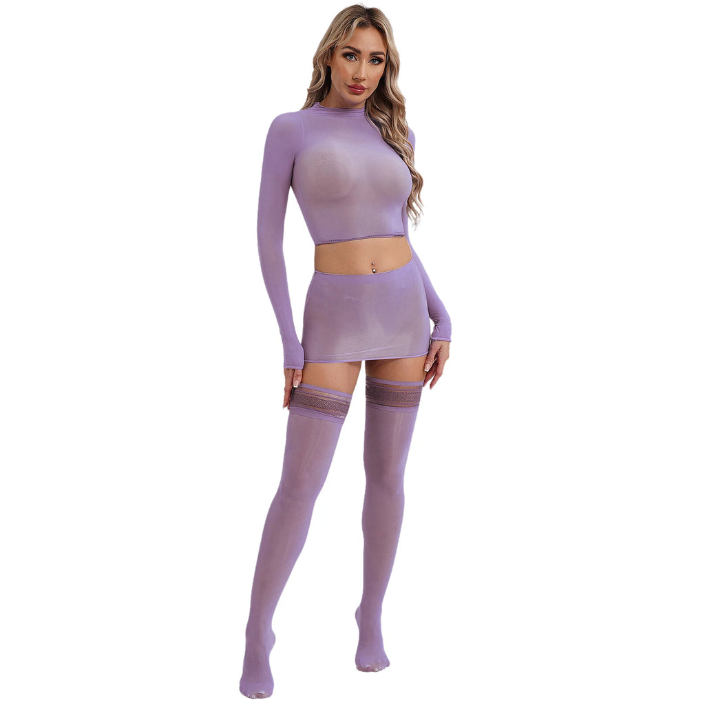 Womens Crop Top And Skirt With Stockings Round Neck Nightwear Tempting Glossy