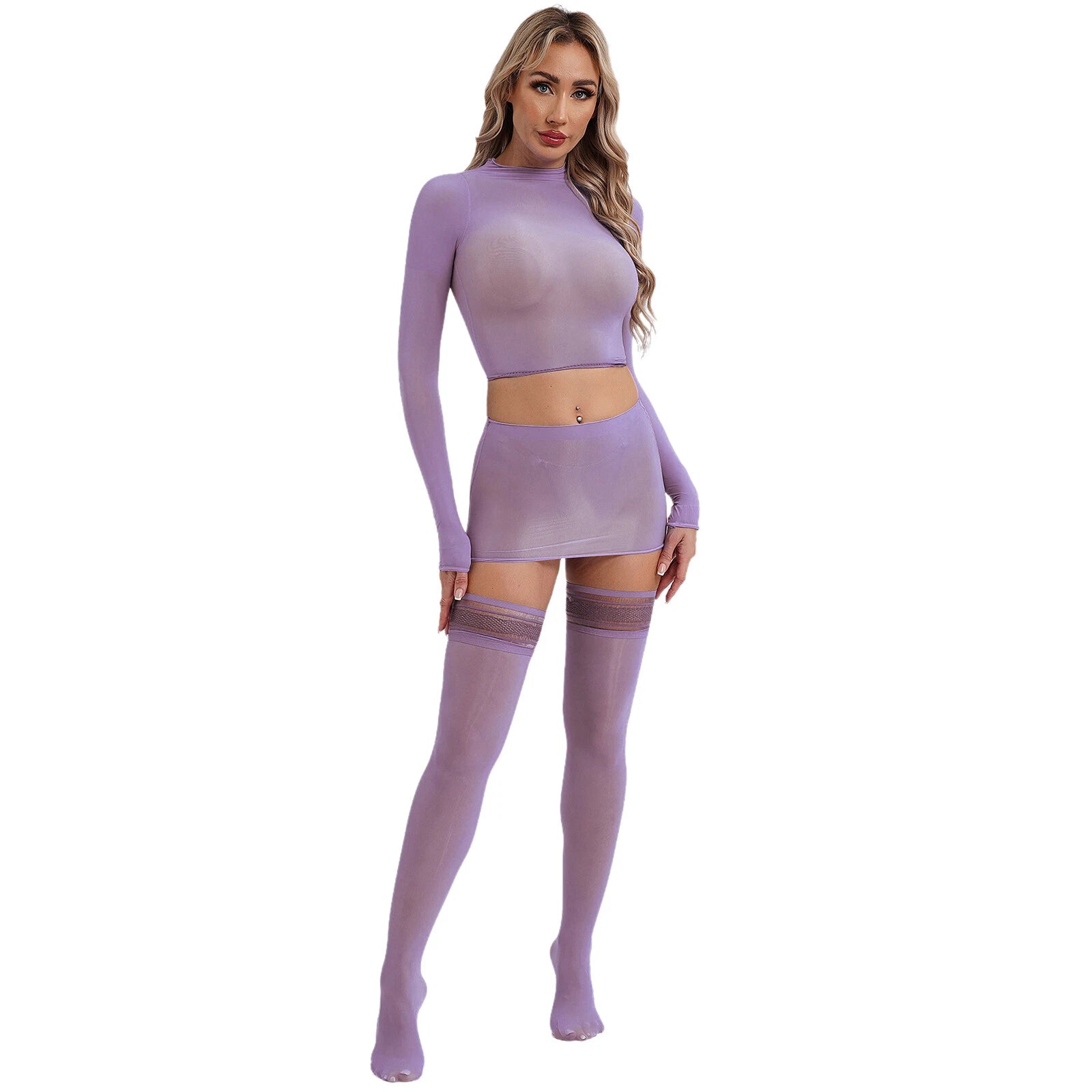 Womens Crop Top And Skirt With Stockings Round Neck Nightwear Tempting Glossy