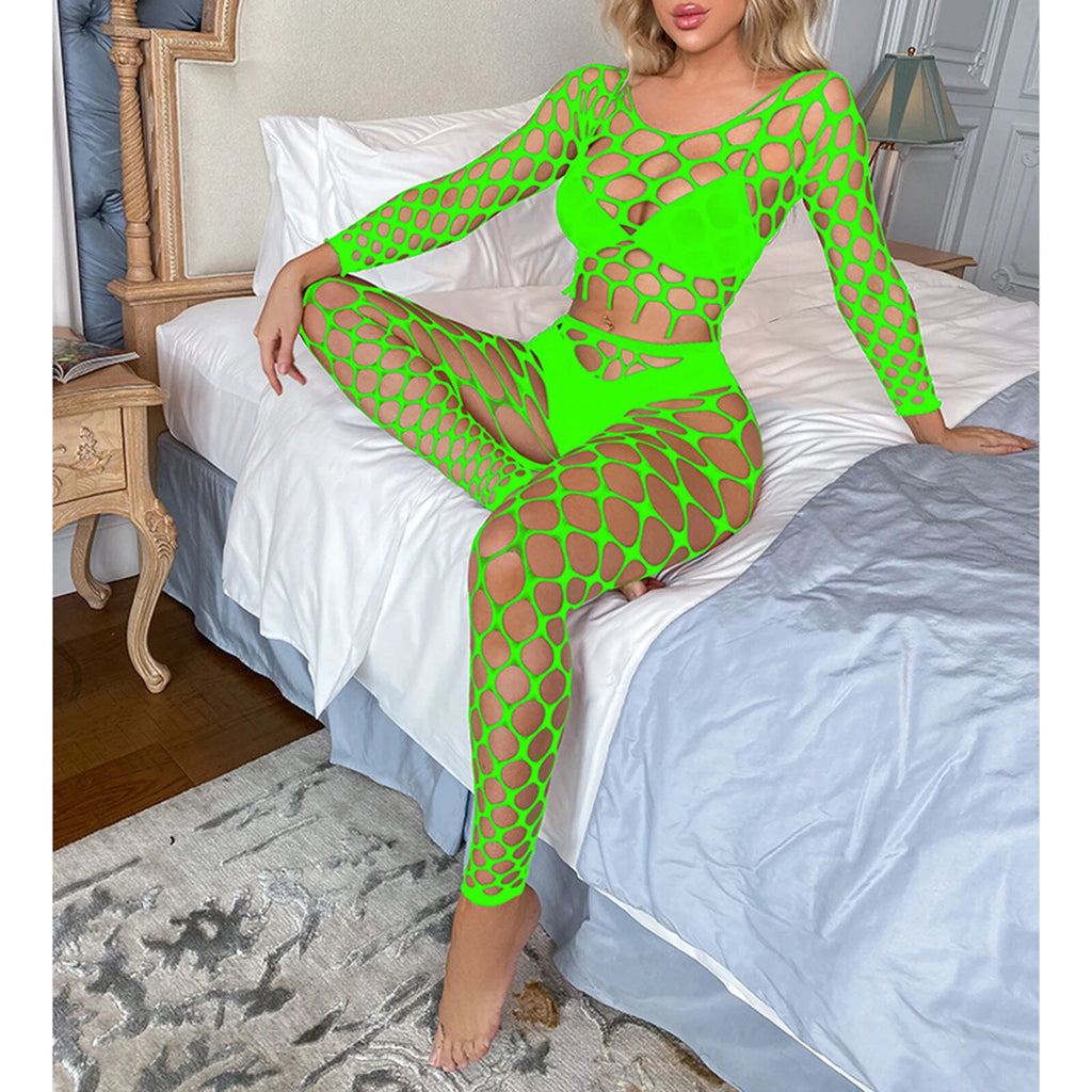Womens Lingerie Sets Hollow Out See-Through Fishnet Nightwear Crop Top Leggings