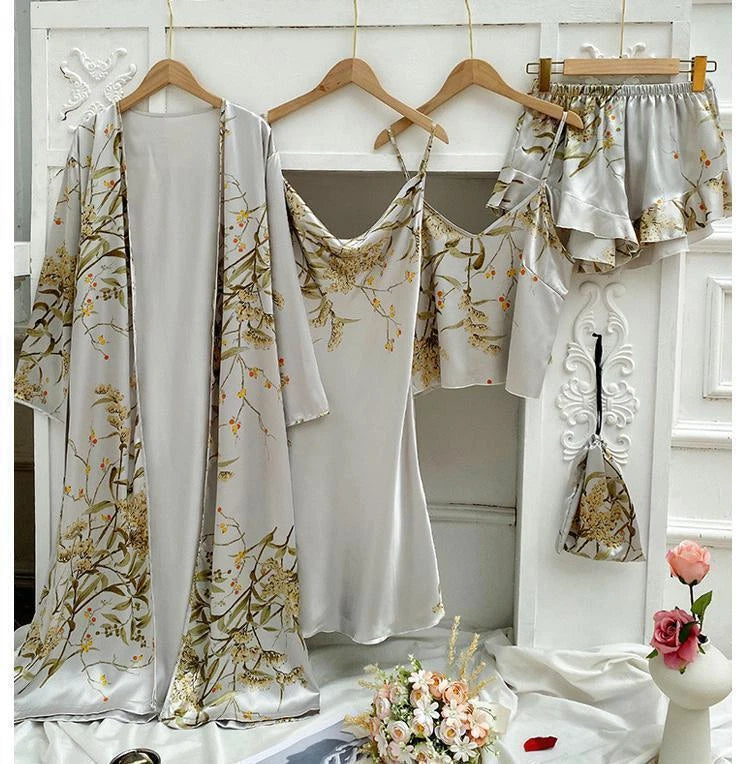 2023 Printed bathrobe pajamas, summer 4-piece set, women's sexy kimono