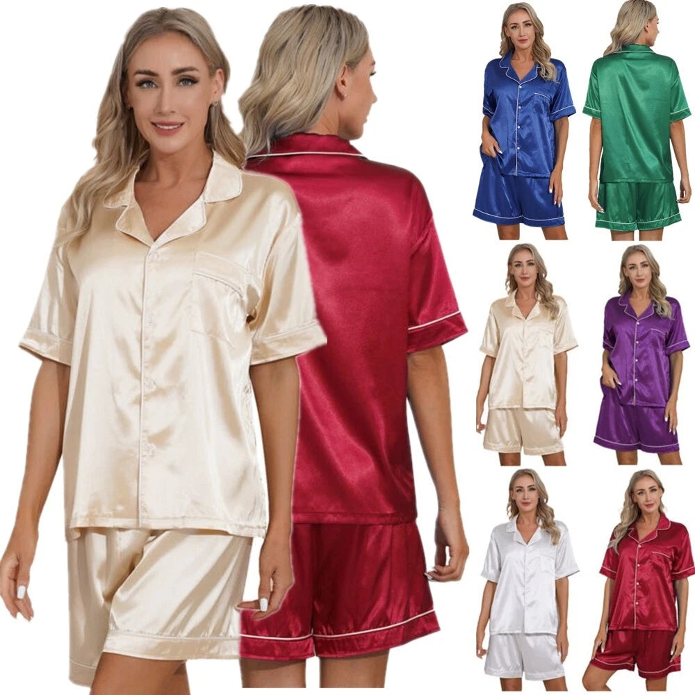 AU Womens Solid Satin Pajamas Set Tops with Shorts 2 Piece Sleepwear Loungewear