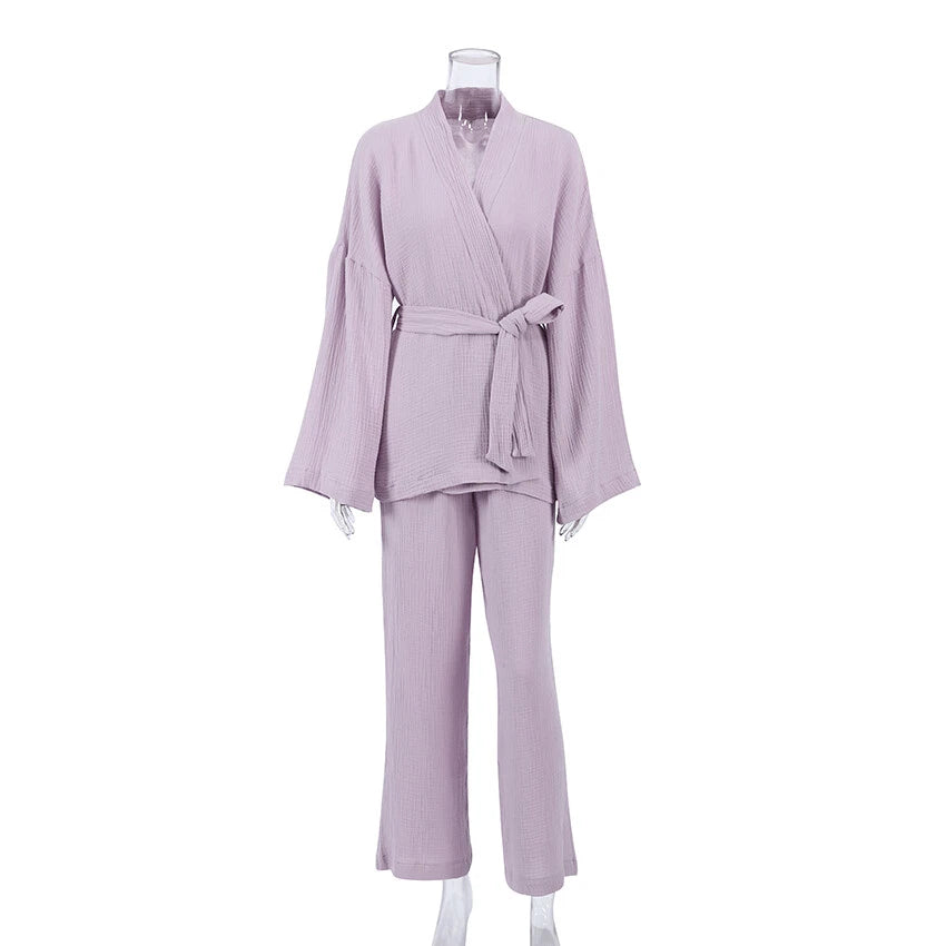 100% cotton women's nightgown pajamas set flared pajamas trousers set 2pcs