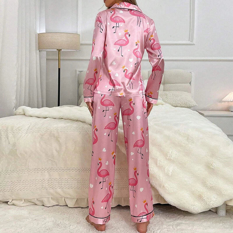 Women Silk Satin Pajamas Set Long Sleeve Button-Down Sleepwear Loungewear Charm