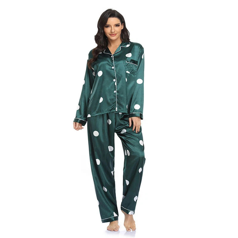 Women Silk Satin Pajamas Set Long Sleeve Button-Down Sleepwear Loungewear Charm