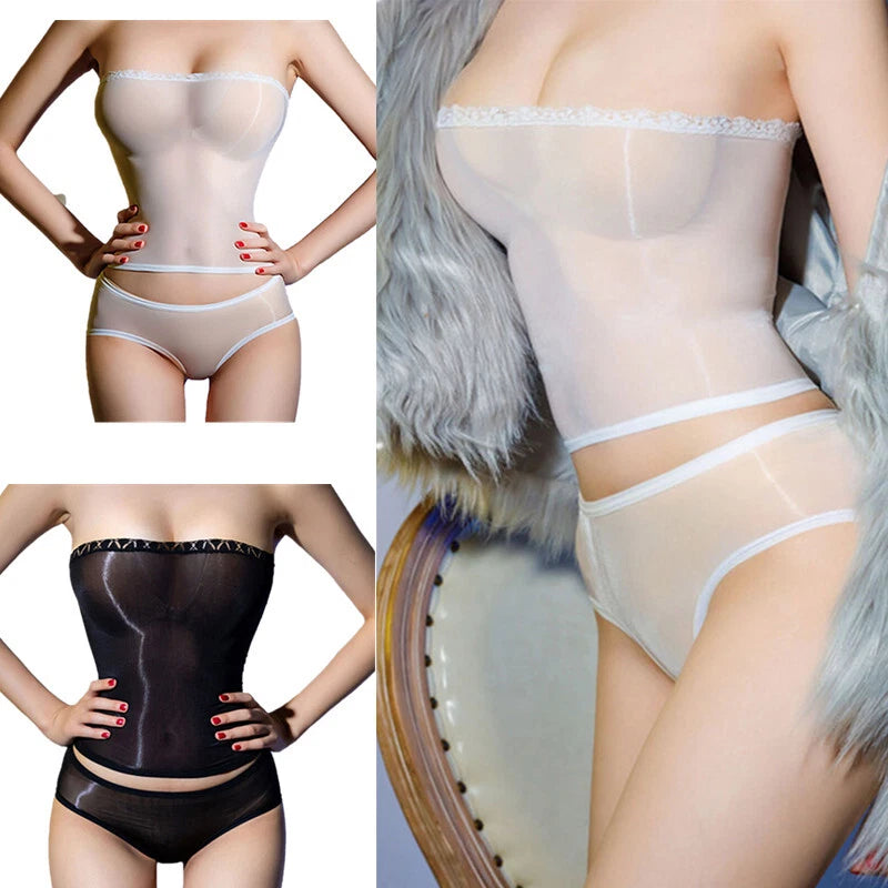 Womens See Through Lingerie Set Sexy Strapless Top  with Thongs Glossy Underwear