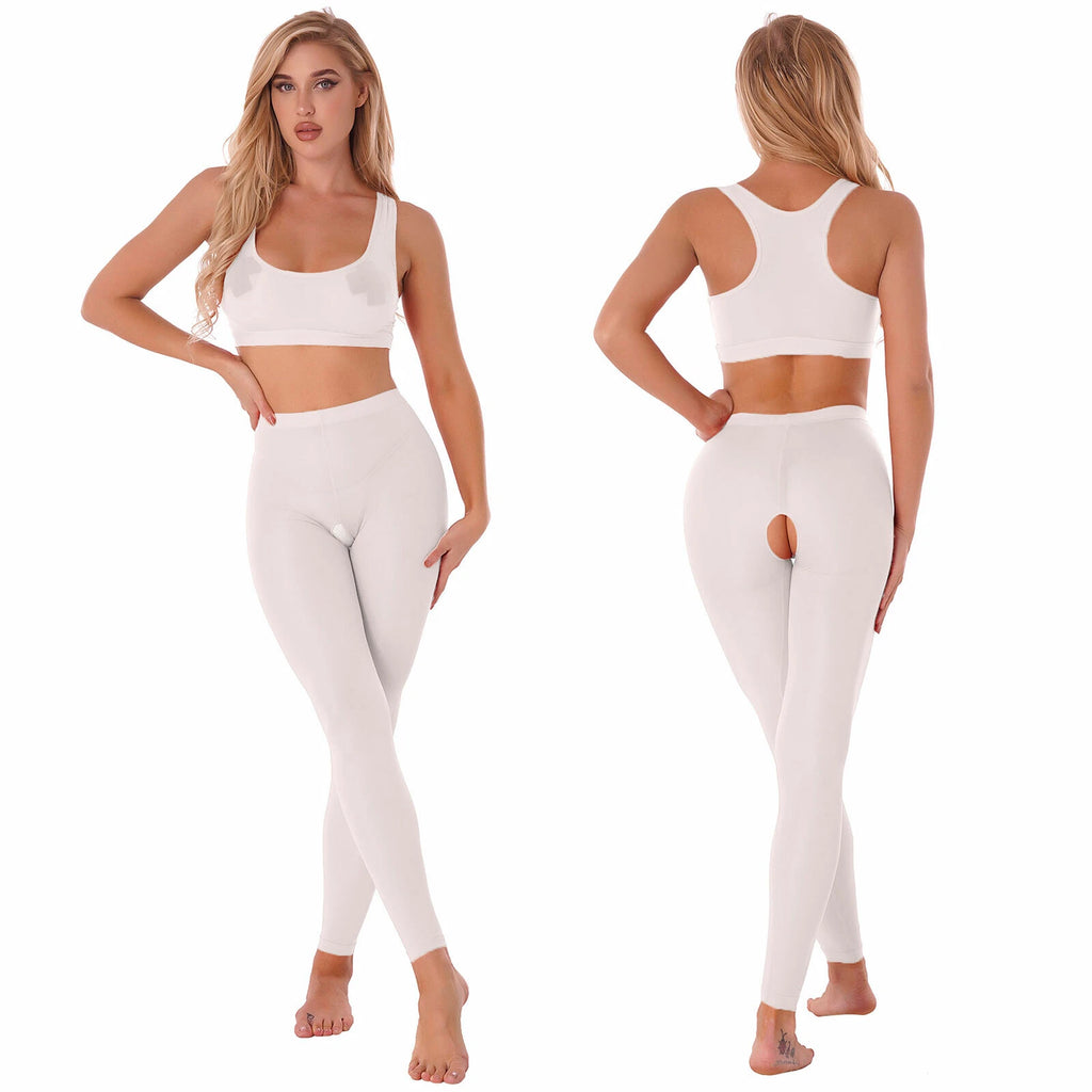 Women 2pcs Lingerie Set Sleeveless Crop Top High Waist Crotchless Leggings Pants