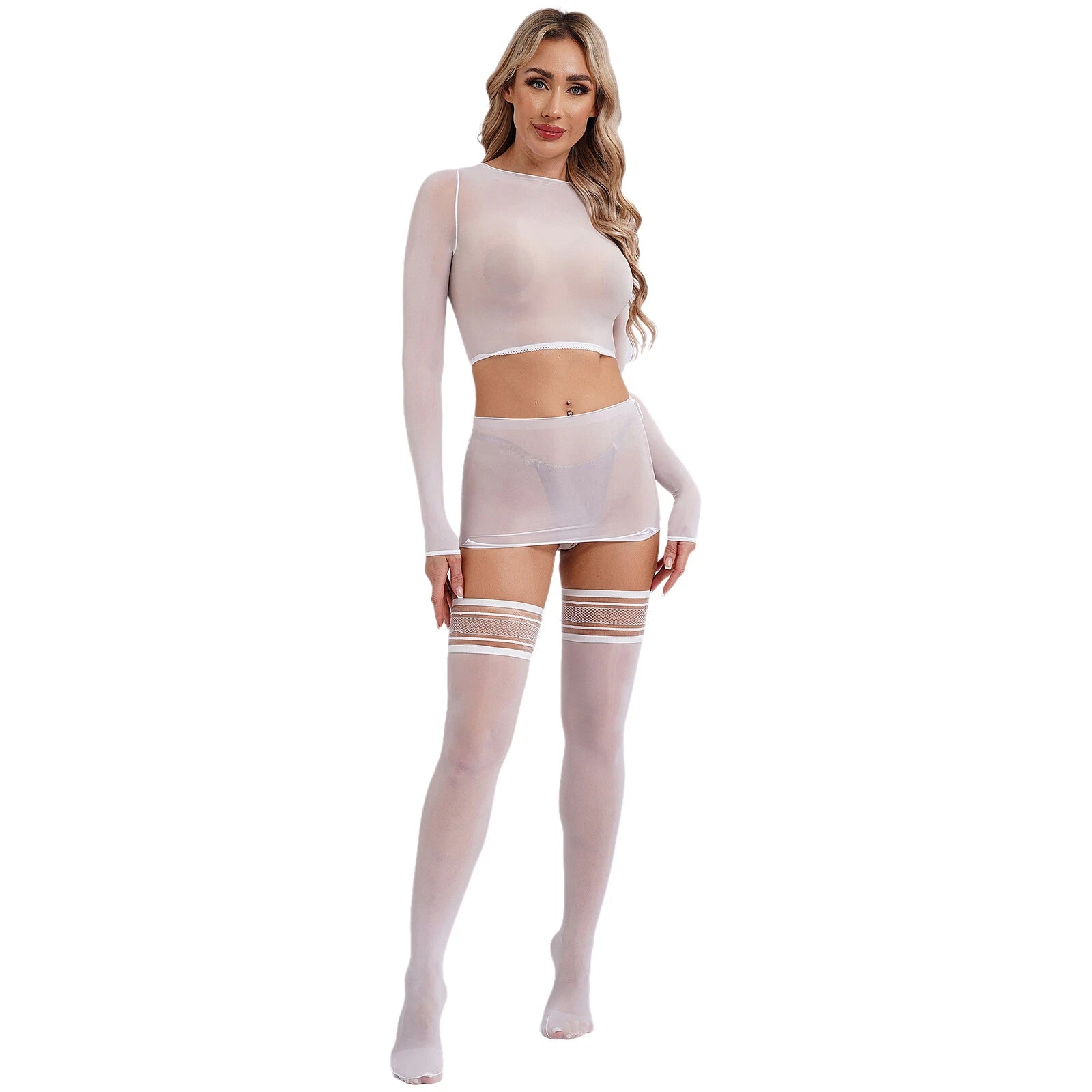 Womens Crop Top And Skirt With Stockings Round Neck Nightwear Tempting Glossy