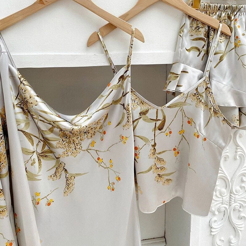 2023 Printed bathrobe pajamas, summer 4-piece set, women's sexy kimono