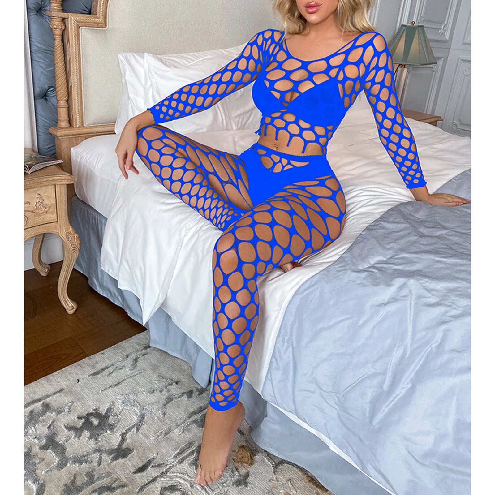 Womens Lingerie Sets Hollow Out See-Through Fishnet Nightwear Crop Top Leggings