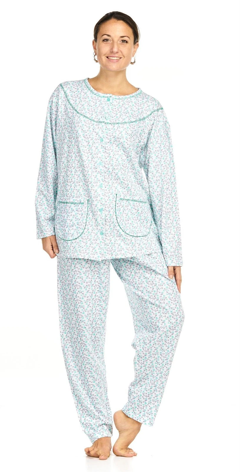 Ladies Pyjama Set Thermal Warm Floral Long Sleeve Buttons Pockets Loungewear