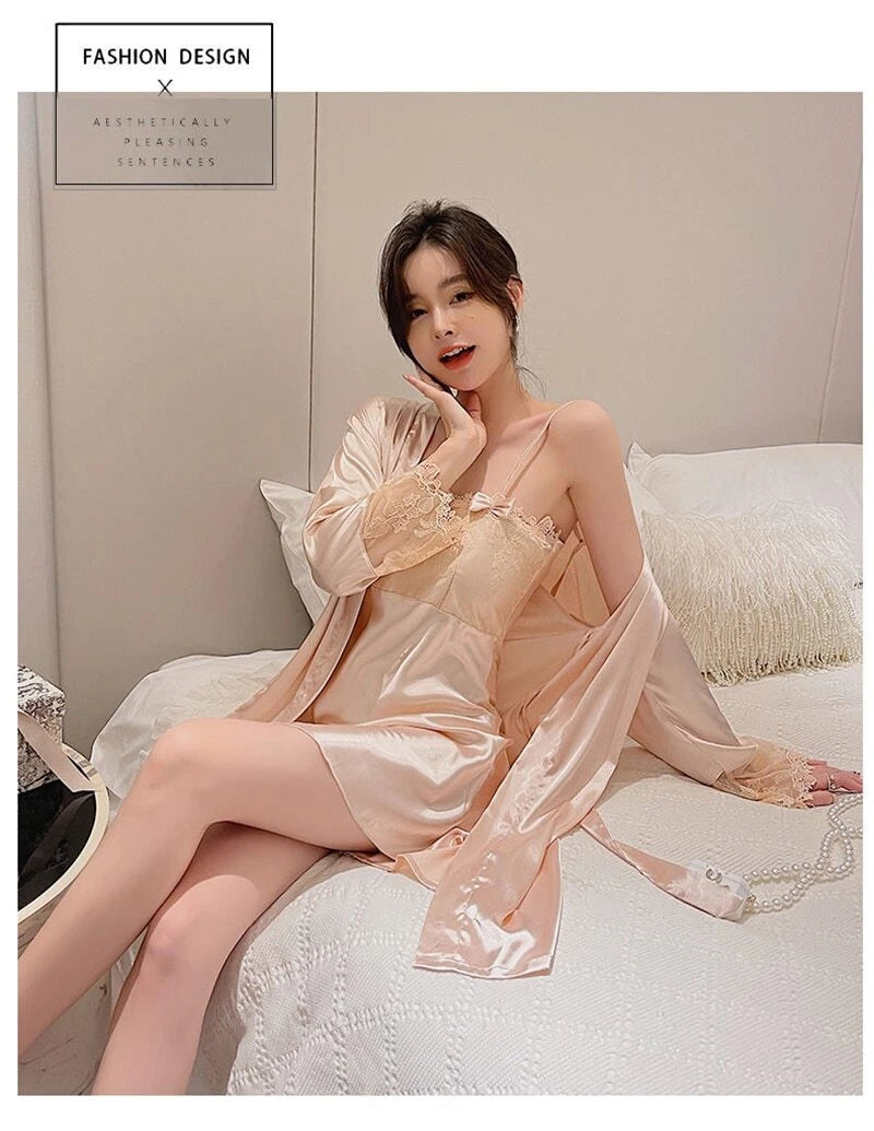 2023 Women's summer short sleeved thin satin pajama robe 2-piece set