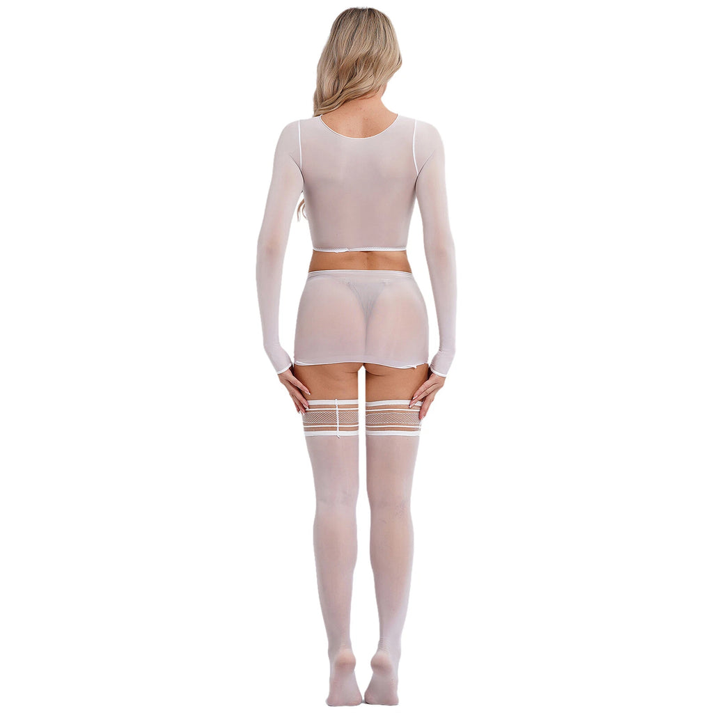 Womens Crop Top And Skirt With Stockings Round Neck Nightwear Tempting Glossy