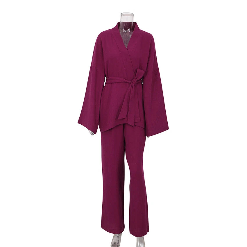 100% cotton women's nightgown pajamas set flared pajamas trousers set 2pcs