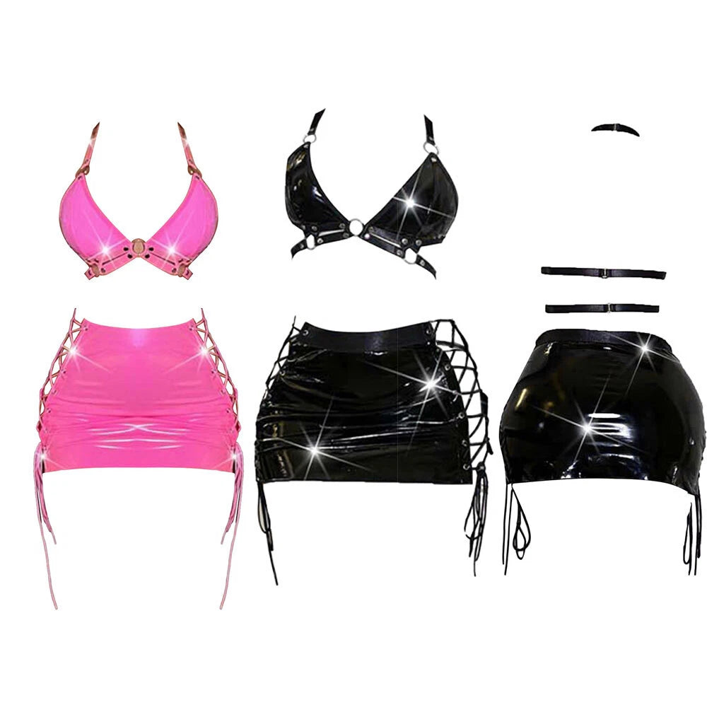 Womens Lingerie Sexy Set Role Play Mini Skirt Wet Look Sleepwear Camisole Bra