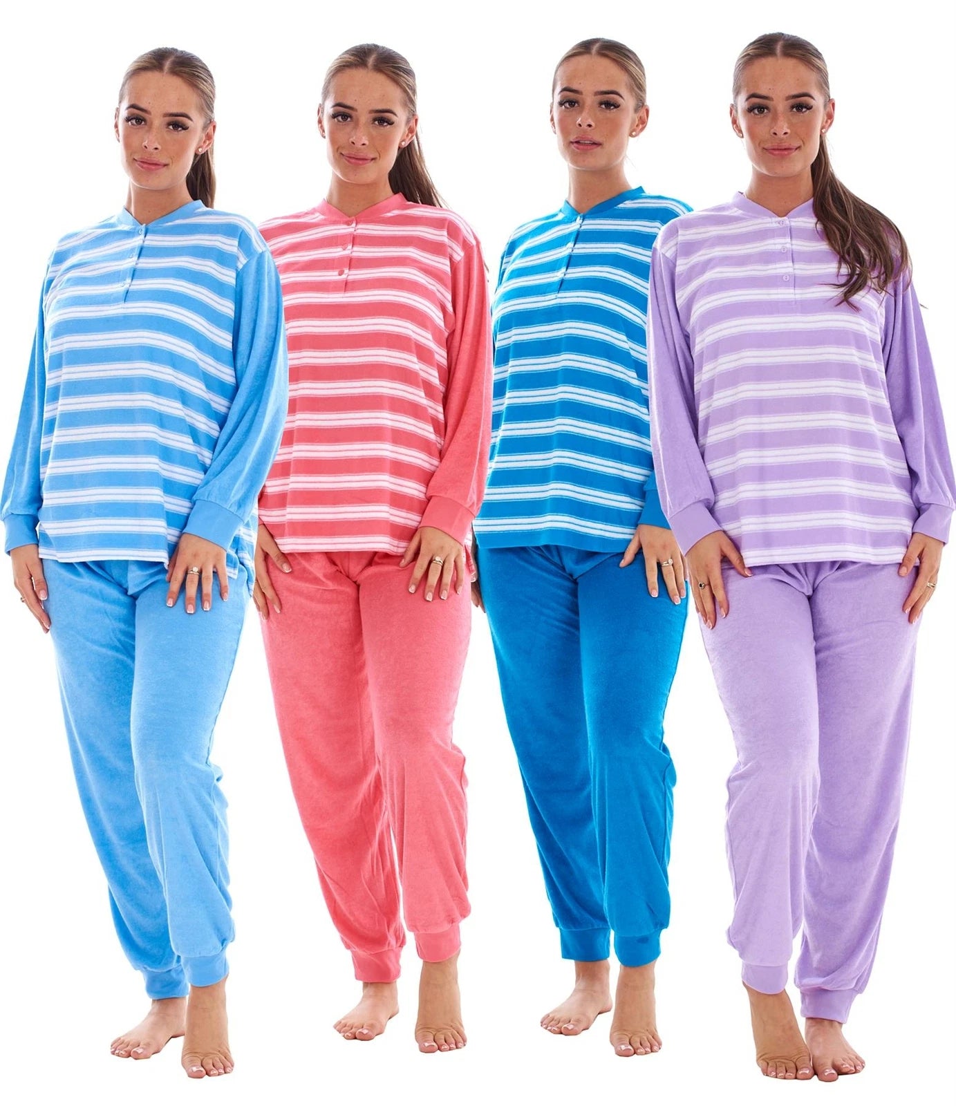 Warm Winter Pyjama Set Striped Long Sleeve Button Ribbed Cuff Soft Sleepwear