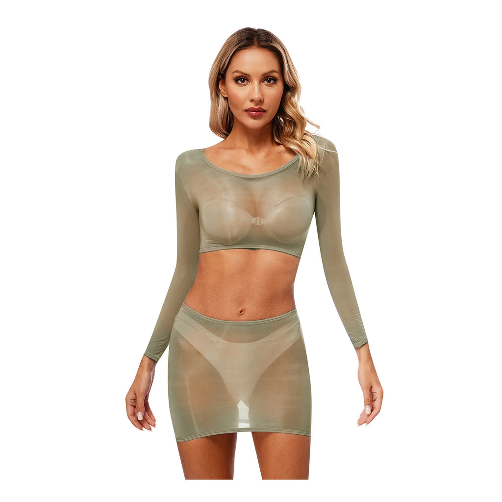 Womens Nightwear Bodycon Clubwear Nylon Outfits Perspective Crop Top Silky Mini