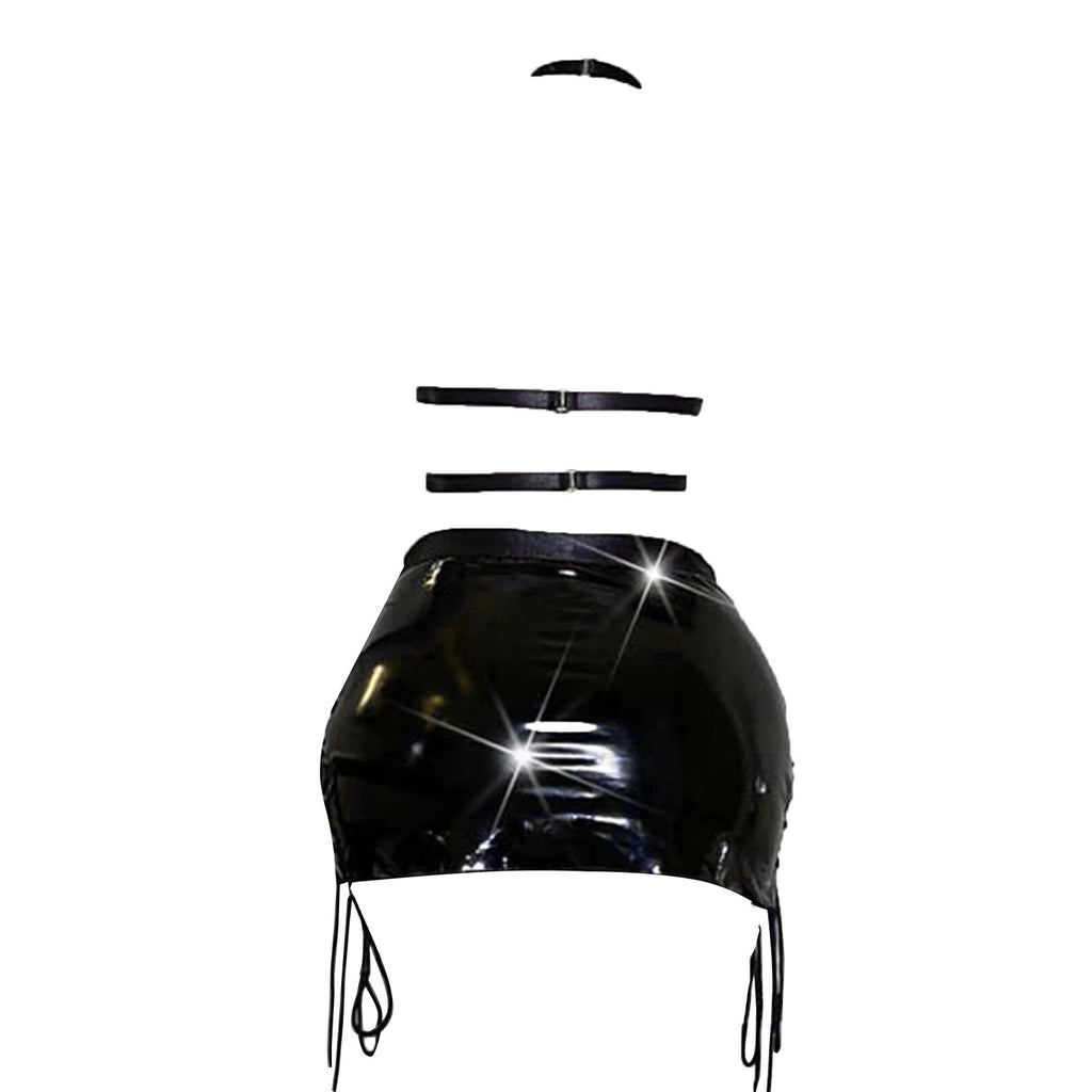 Womens Lingerie Sexy Set Role Play Mini Skirt Wet Look Sleepwear Camisole Bra