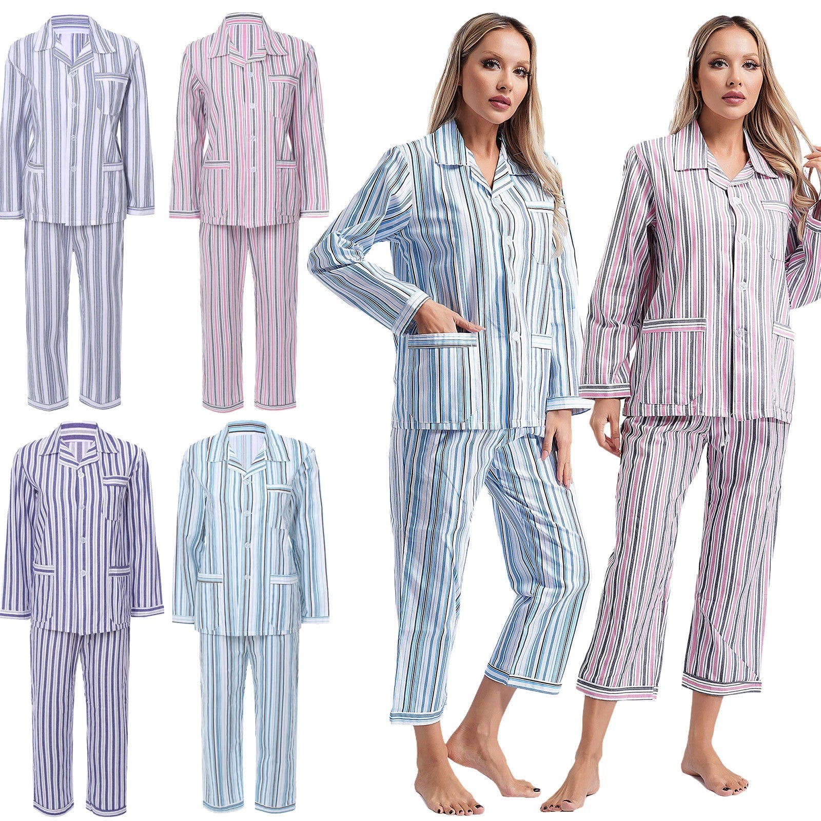 Womens Sleepwear Casual Loungewear Multiple Pockets Pajama Set Button Down Soft