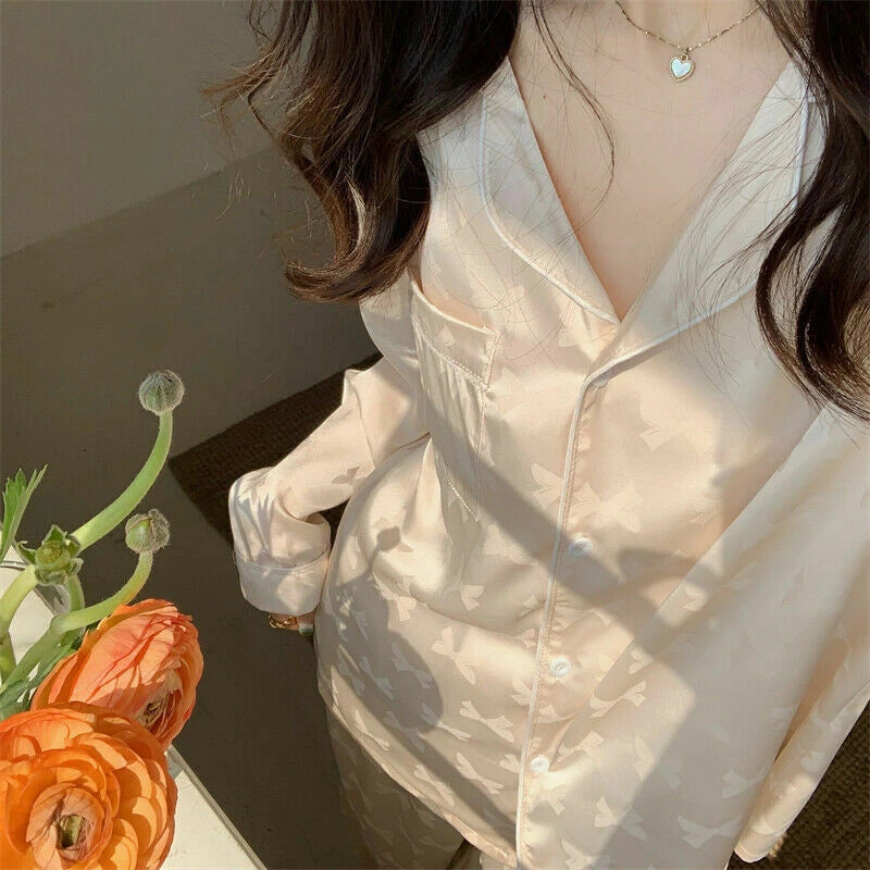 Satin Silk Soft Princess Pajama Set Women HomeClothes BowTie Kawaii Cute Pyjamas